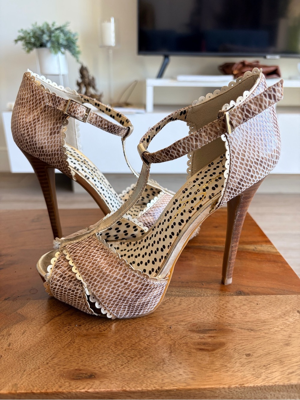 Jessica Simpson Taupe Snake-Print T-Strap High Heels